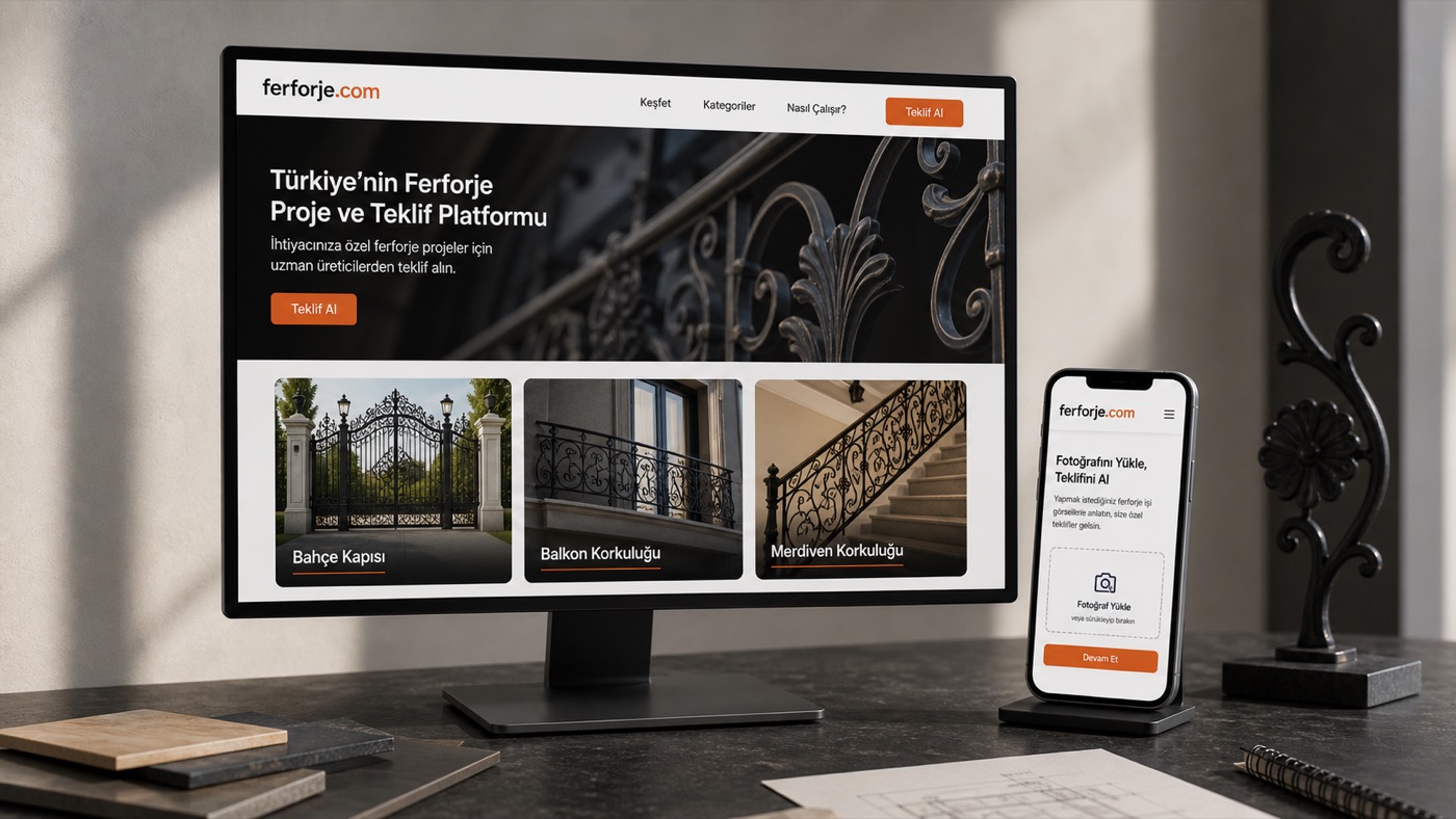 ferforje.com adıyla çalışan bir teklif platformunun masaüstü ve mobil arayüzü — temsilî tasarım