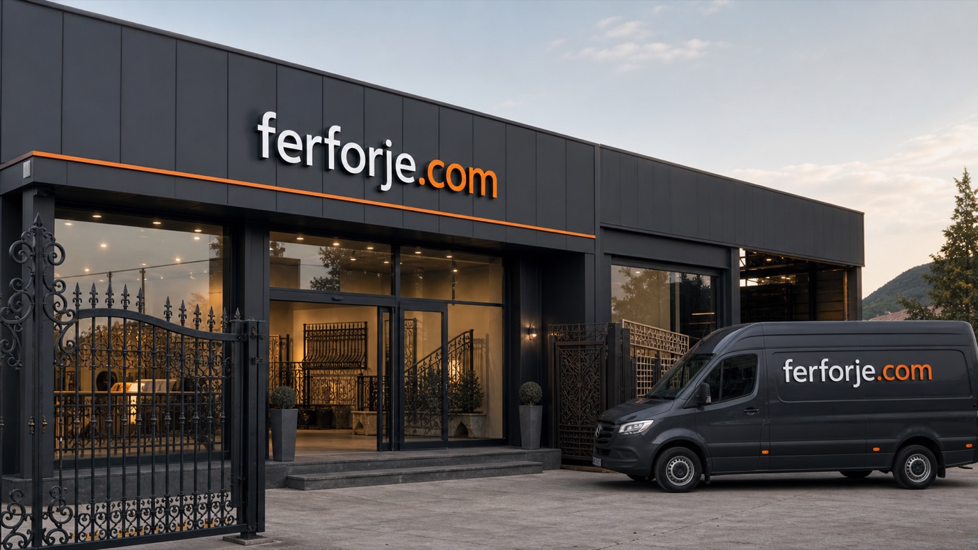 ferforje.com tabelalı showroom cephesi ve aynı markayı taşıyan servis aracı — temsilî tasarım
